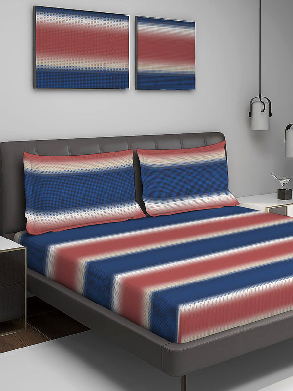 Durathread 225 CVC Blue Pink Stripes 1 King Size Bedsheet with 2 Pillow Covers