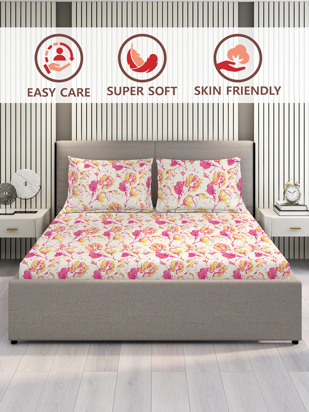 Lumina Floret 100% Cotton 144 TC Pink White Floral King Size Bedsheet with 2 Pillow Covers