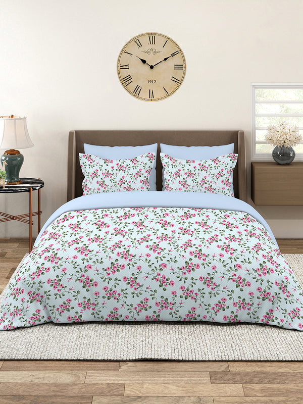Home Easy 100% Cotton 144 TC Blue Floral 1 King Size Bedsheet with 2 Pillow Covers