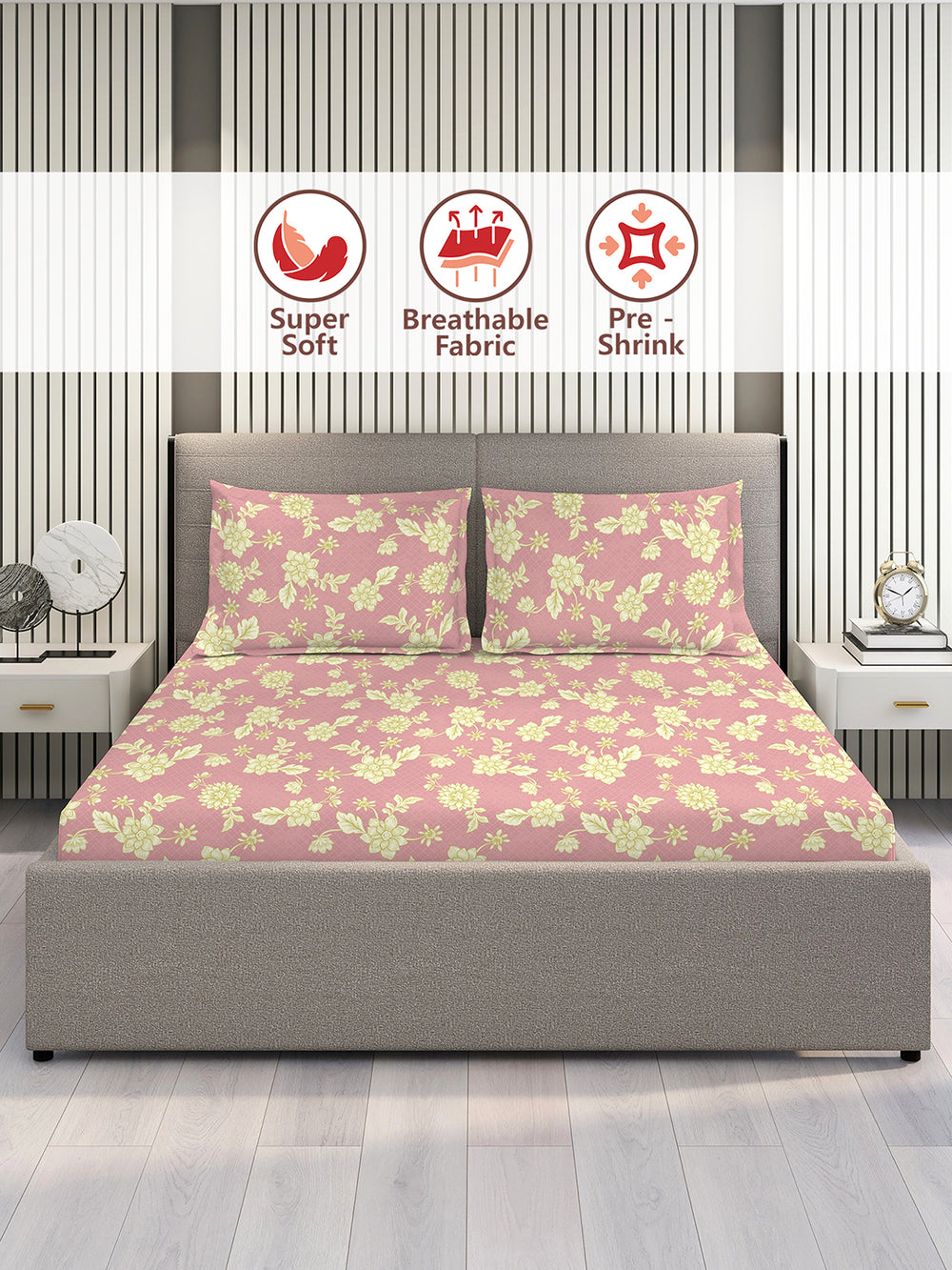 Home Easy 100% Cotton 144 TC Pink Floral King Size Bedsheet with 2 Pillow Covers