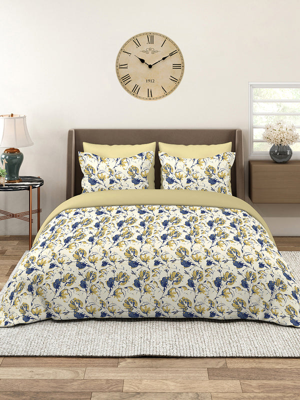 Home Easy 100% Cotton 144 TC Beige Floral 1 King Size Bedsheet with 2 Pillow Covers