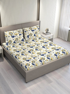 Home Easy 100% Cotton 144 TC Beige Floral 1 King Size Bedsheet with 2 Pillow Covers
