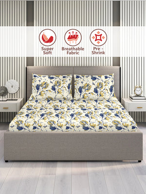 Home Easy 100% Cotton 144 TC Beige Floral 1 King Size Bedsheet with 2 Pillow Covers