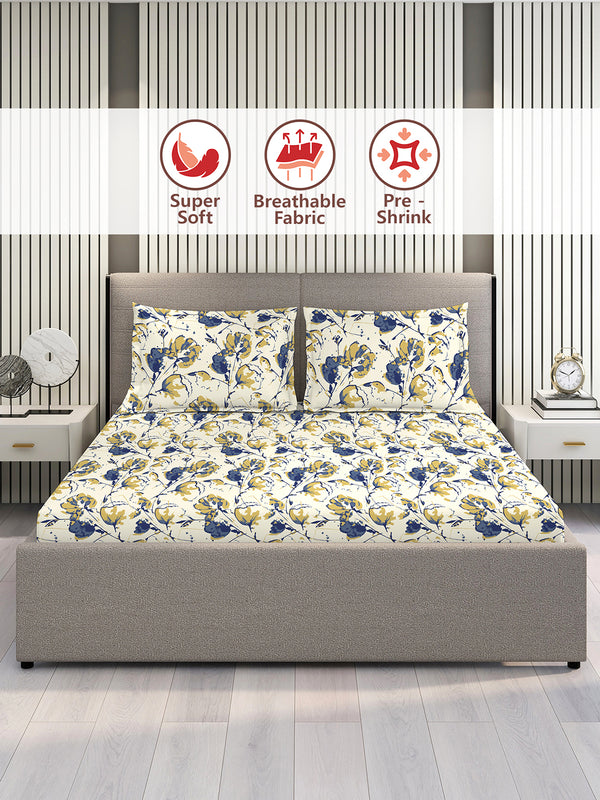 Home Easy 100% Cotton 144 TC Beige Floral 1 King Size Bedsheet with 2 Pillow Covers