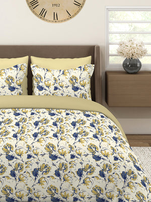 Home Easy 100% Cotton 144 TC Beige Floral 1 King Size Bedsheet with 2 Pillow Covers