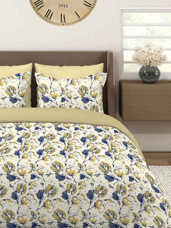 Home Easy 100% Cotton 144 TC Beige Floral 1 King Size Bedsheet with 2 Pillow Covers