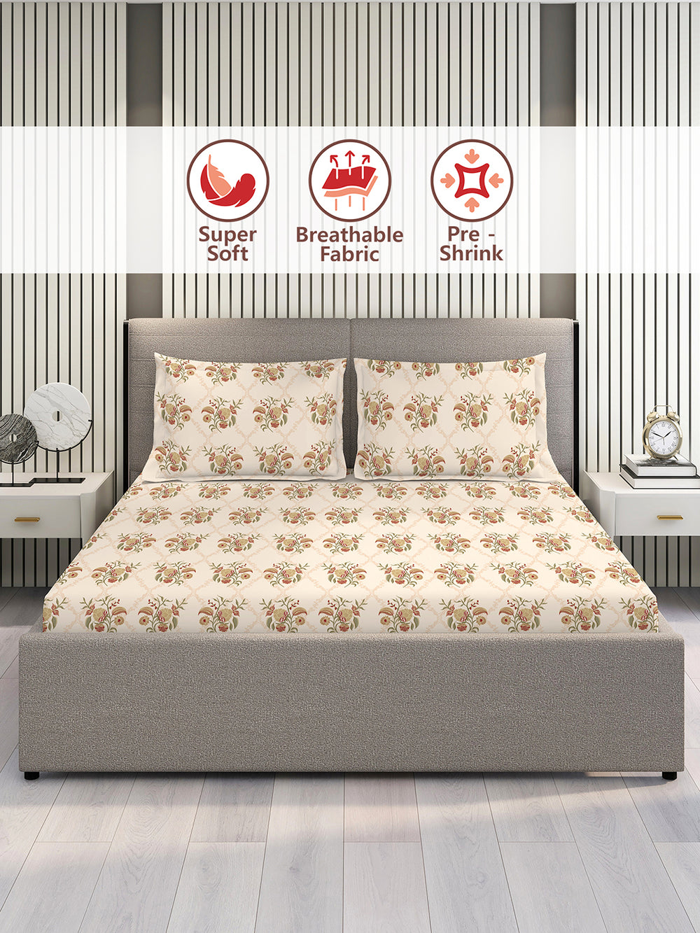 Home Easy 100% Cotton 144 TC Beige Floral King Size Bedsheet with 2 Pillow Covers