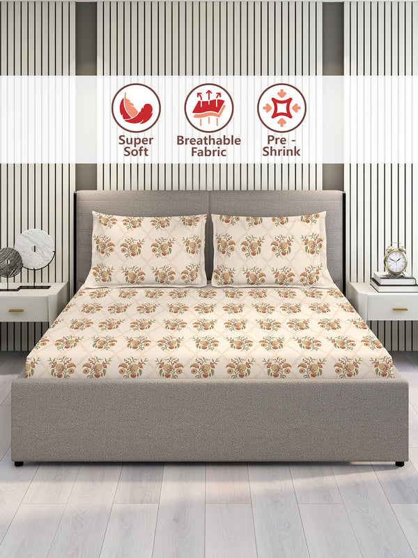 Home Easy 100% Cotton 144 TC Beige Floral 1 King Size Bedsheet with 2 Pillow Covers