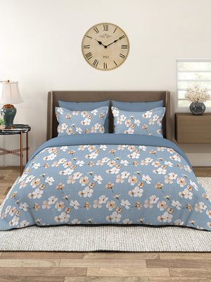 Home Easy 100% Cotton 144 TC Blue Floral 1 King Size Bedsheet with 2 Pillow Covers