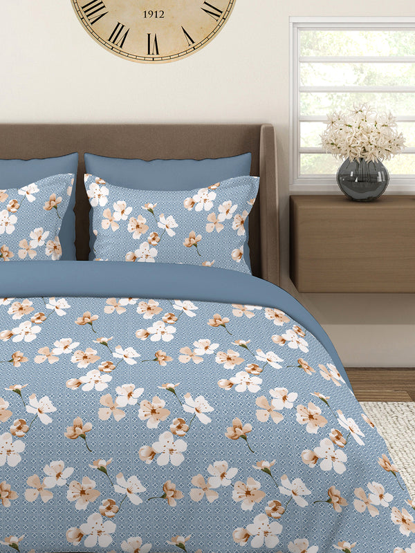 Home Easy 100% Cotton 144 TC Blue Floral 1 King Size Bedsheet with 2 Pillow Covers
