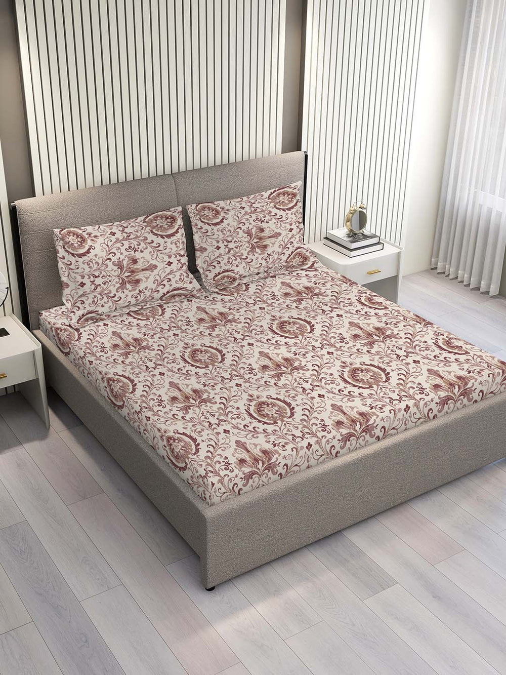 100% Cotton Double Size Bedsheet Set with Gift Box - 144 TC Brown Ethnic, Glory Collection