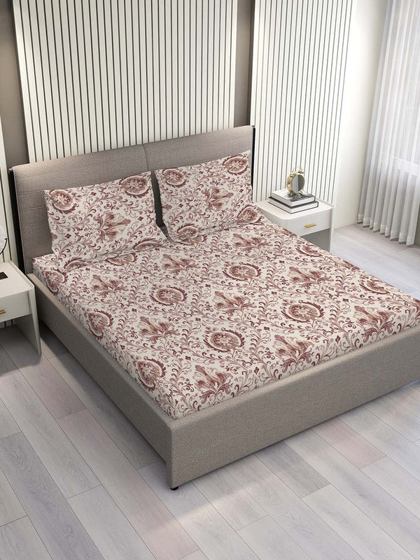 100% Cotton Double Size Bedsheet Set with Gift Box - 144 TC Brown Ethnic, Glory Collection
