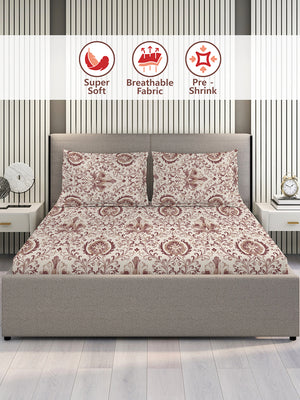 Glory 100% Cotton 144 TC Brown Ethnic 1 Double Size Bedsheet with 2 Pillow Covers