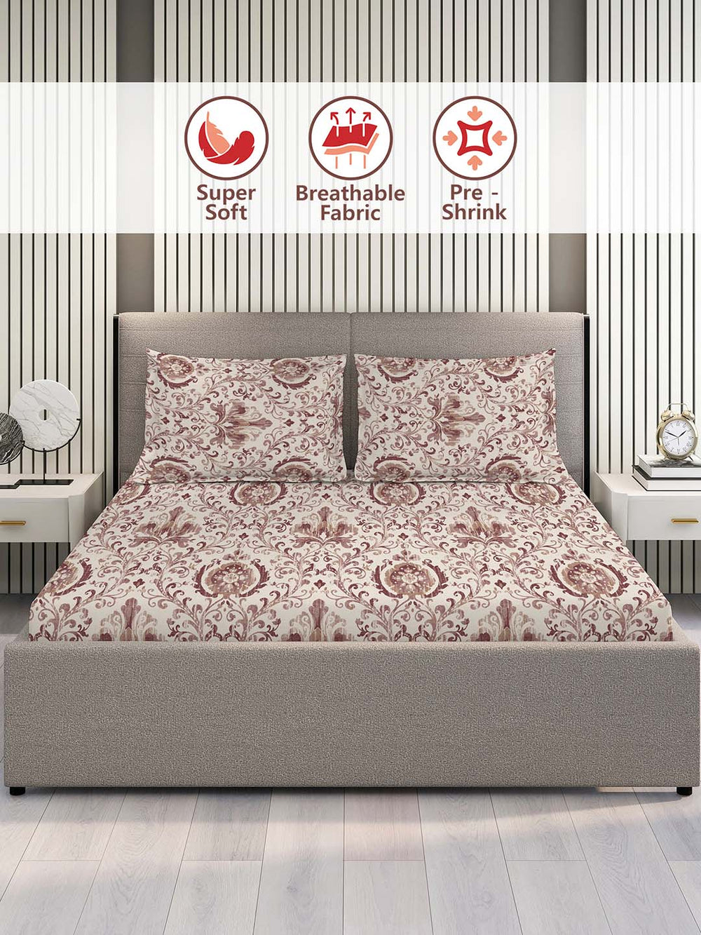 100% Cotton Double Size Bedsheet Set with Gift Box - 144 TC Brown Ethnic, Glory Collection