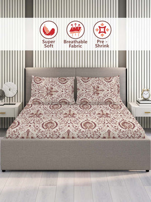 100% Cotton Double Size Bedsheet Set with Gift Box - 144 TC Brown Ethnic, Glory Collection