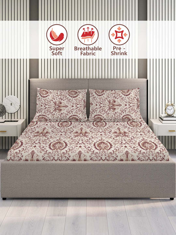 100% Cotton Double Size Bedsheet Set with Gift Box - 144 TC Brown Ethnic, Glory Collection