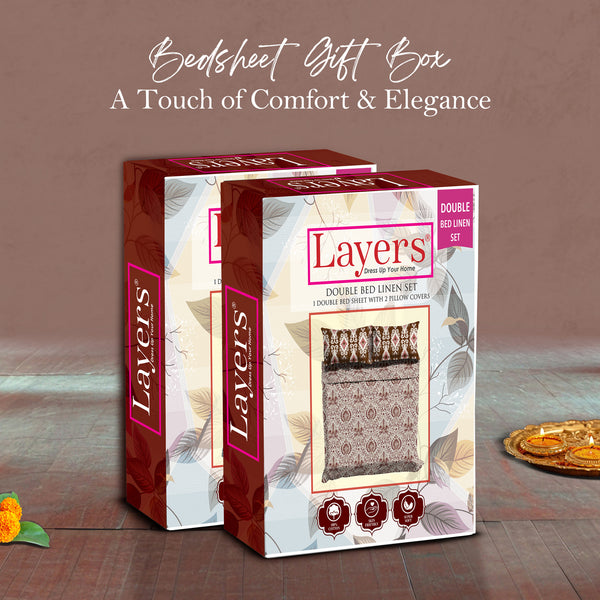 Glory 100% Cotton 144 TC Brown Ethnic Double Size Bedsheet with 2 Pillow Covers