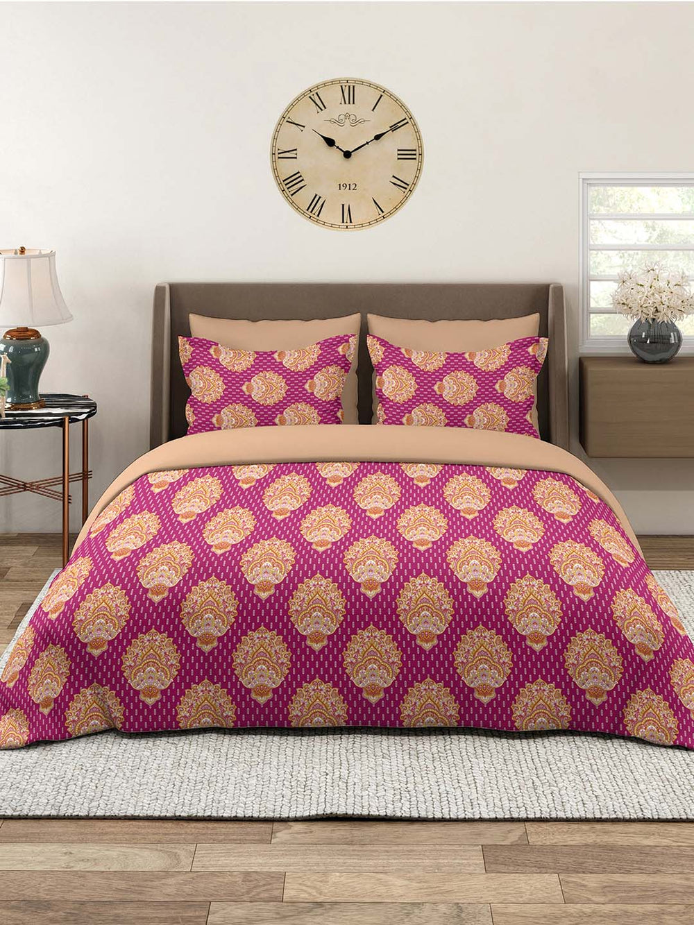 100% Cotton Double Size Bedsheet Set with Gift Box - 144 TC Magenta Ethnic, Glory Collection
