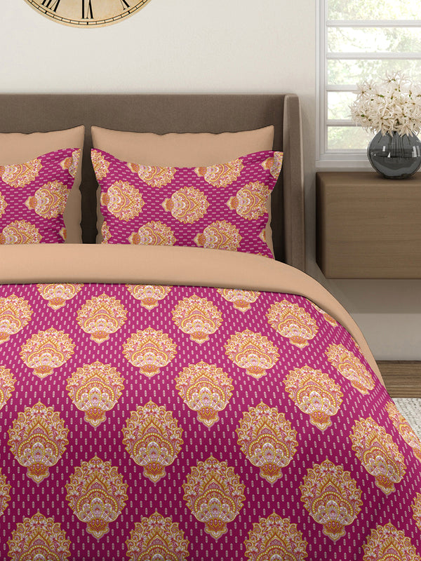 Glory 100% Cotton 144 TC Magenta Ethnic 1 Double Size Bedsheet with 2 Pillow Covers