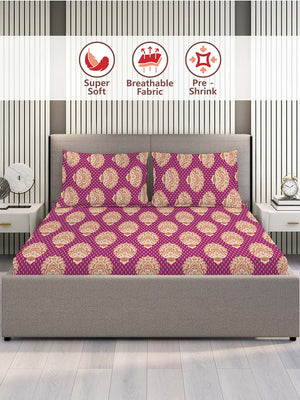 100% Cotton Double Size Bedsheet Set with Gift Box - 144 TC Magenta Ethnic, Glory Collection