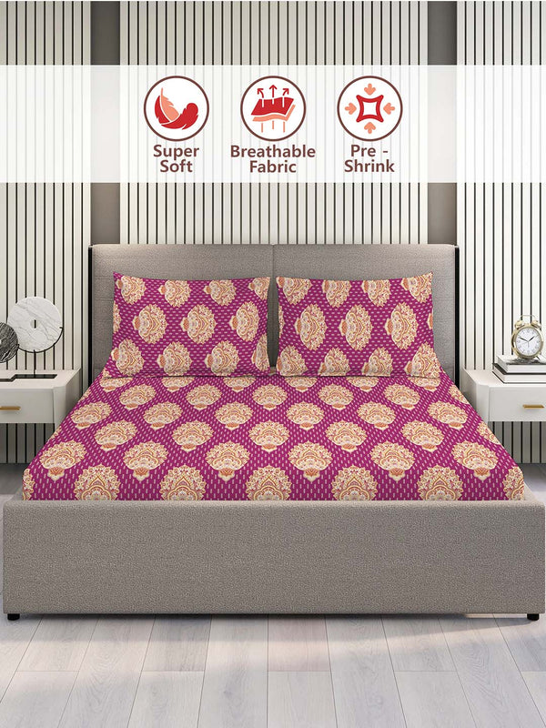 100% Cotton Double Size Bedsheet Set with Gift Box - 144 TC Magenta Ethnic, Glory Collection