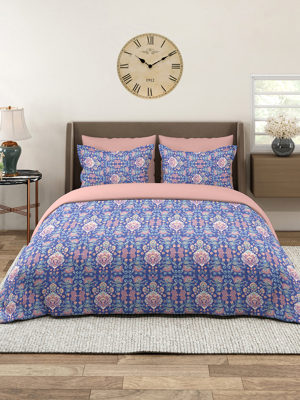 Glory 100% Cotton 144 TC Blue Ethnic Double Size Bedsheet with 2 Pillow Covers