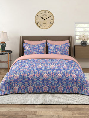 Glory 100% Cotton 144 TC Blue Ethnic 1 Double Size Bedsheet with 2 Pillow Covers