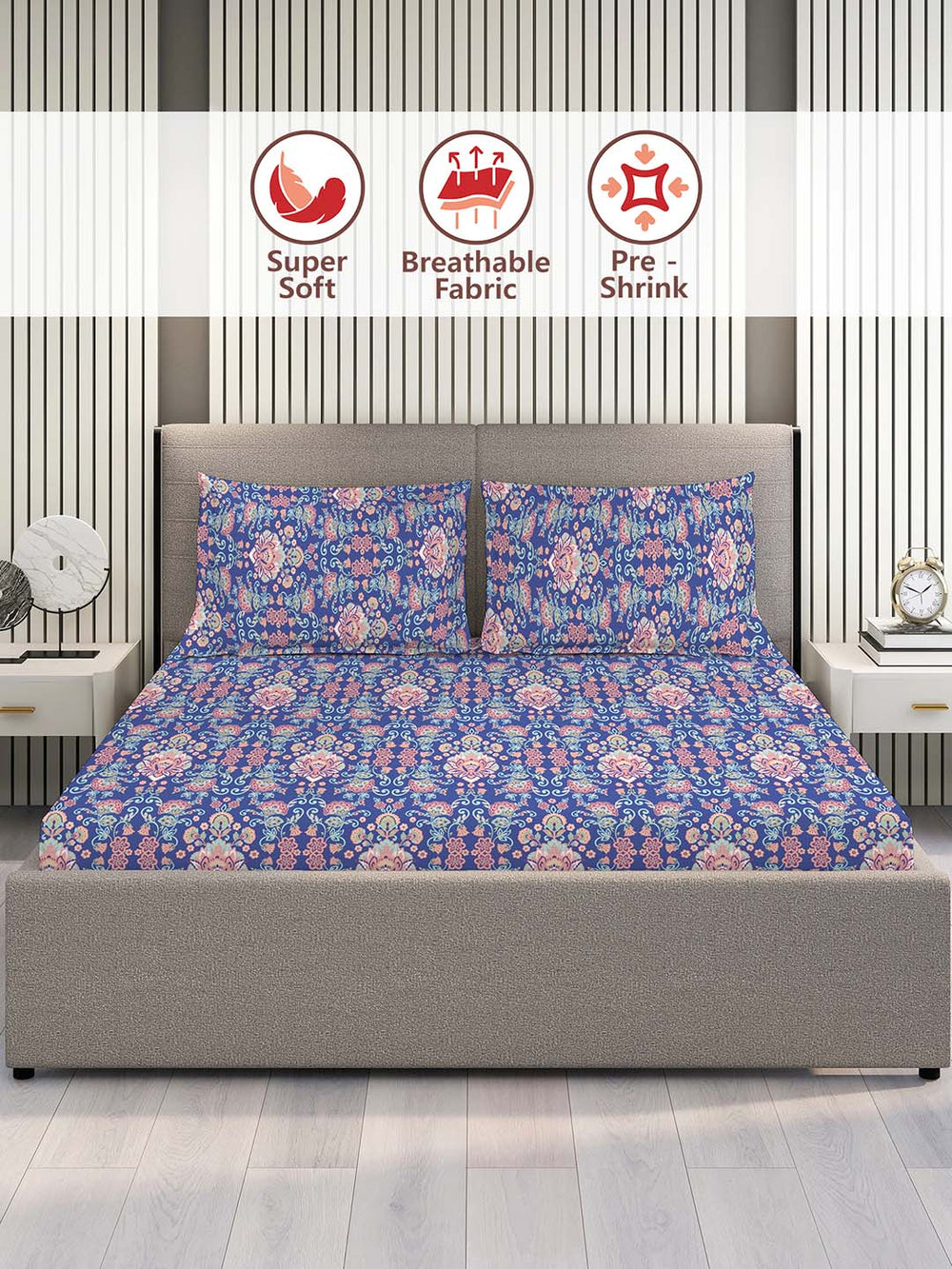 100% Cotton Double Size Bedsheet Set with Gift Box - 144 TC Blue Ethnic, Glory Collection
