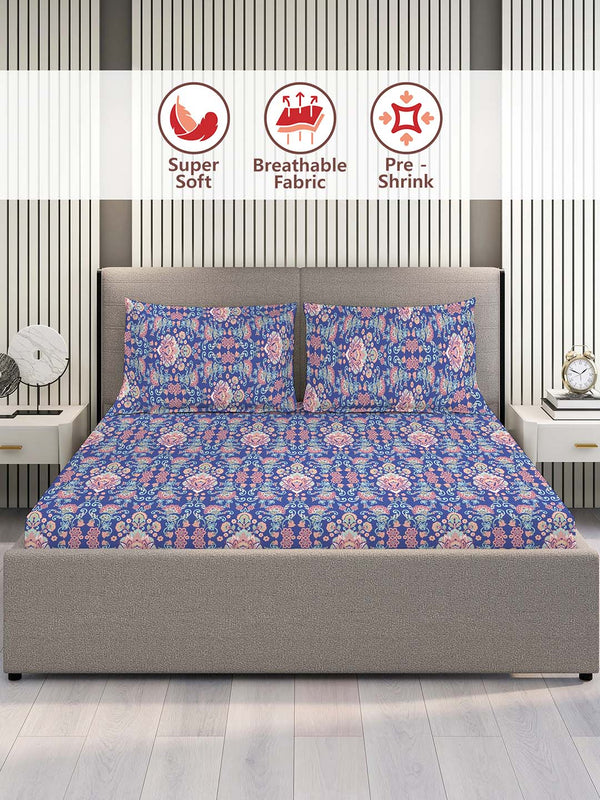 100% Cotton Double Size Bedsheet Set with Gift Box - 144 TC Blue Ethnic, Glory Collection
