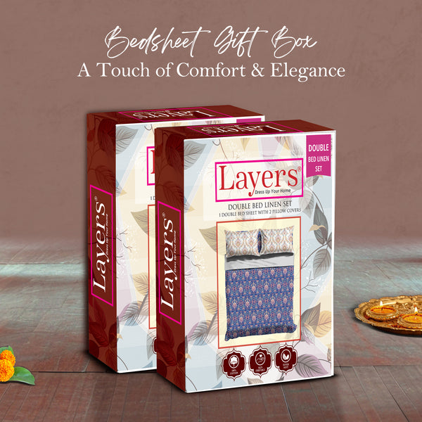 Glory 100% Cotton 144 TC Blue Ethnic Double Size Bedsheet with 2 Pillow Covers