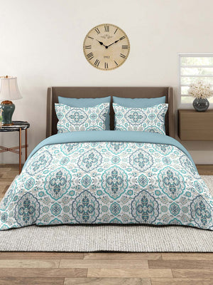 100% Cotton Double Size Bedsheet Set with Gift Box -  144 TC Blue and White Ethnic, Glory Collection
