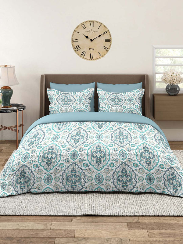 100% Cotton Double Size Bedsheet Set with Gift Box -  144 TC Blue and White Ethnic, Glory Collection