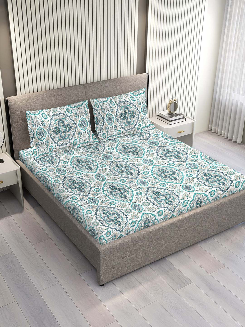100% Cotton Double Size Bedsheet Set with Gift Box -  144 TC Blue and White Ethnic, Glory Collection