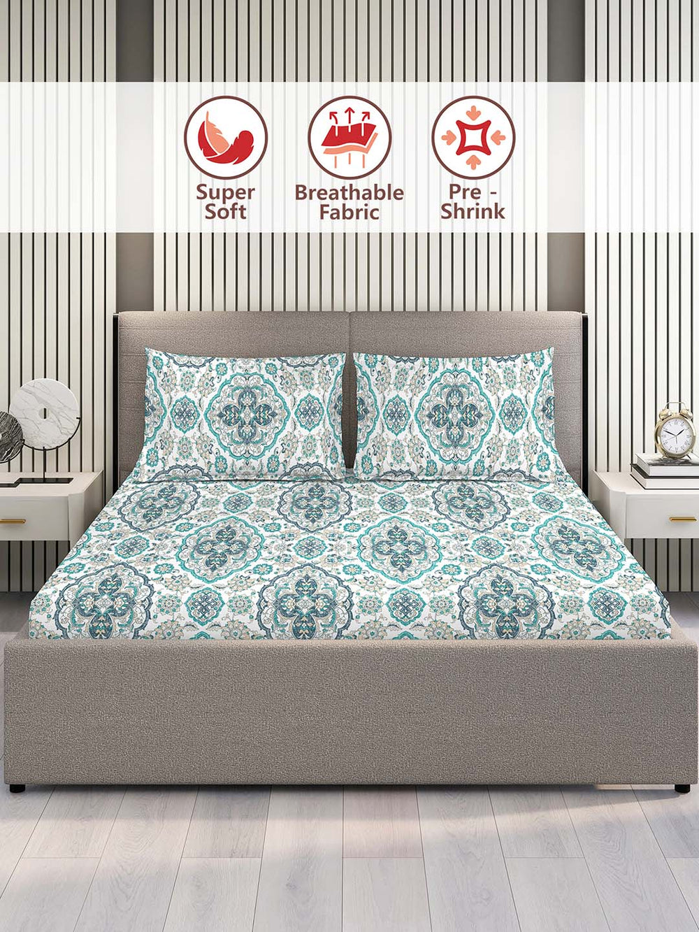 100% Cotton Double Size Bedsheet Set with Gift Box -  144 TC Blue and White Ethnic, Glory Collection