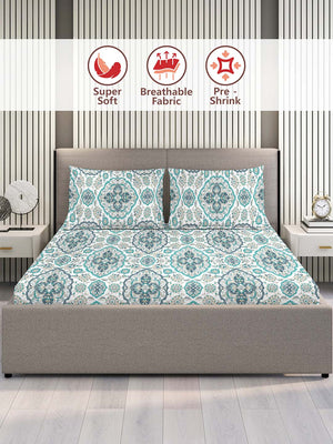 100% Cotton Double Size Bedsheet Set with Gift Box -  144 TC Blue and White Ethnic, Glory Collection