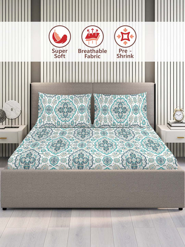 100% Cotton Double Size Bedsheet Set with Gift Box -  144 TC Blue and White Ethnic, Glory Collection