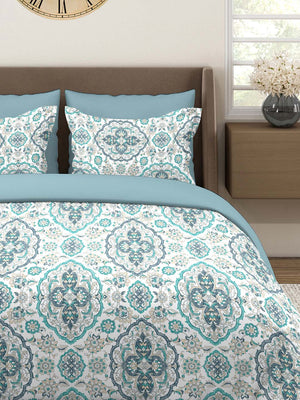 100% Cotton Double Size Bedsheet Set with Gift Box -  144 TC Blue and White Ethnic, Glory Collection