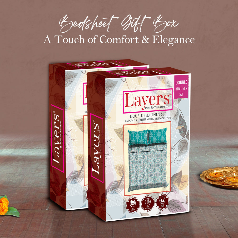 Glory 100% Cotton 144 TC Blue Ethnic Double Size Bedsheet with 2 Pillow Covers