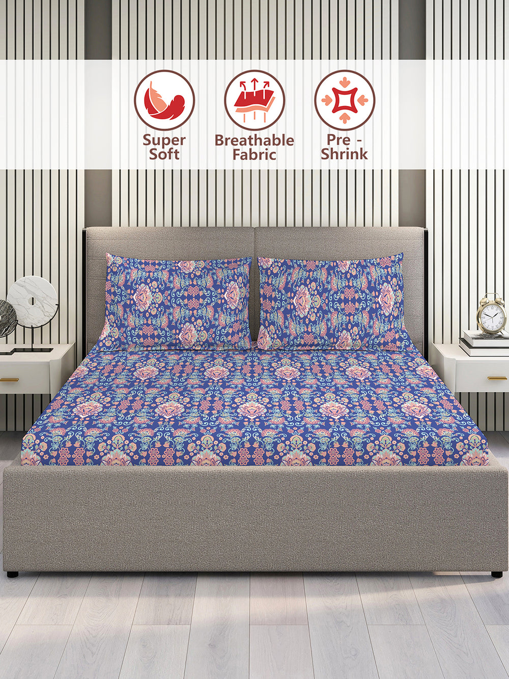 Illuminating Homes 100% Cotton 144 TC Blue Ethnic Double Size Bedsheet with 2 Pillow Covers