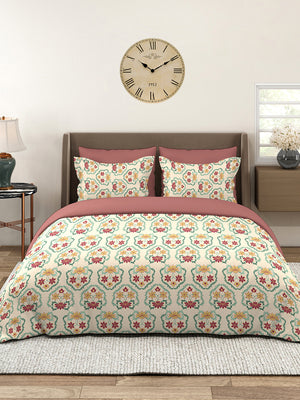 BasicX 100% Cotton 120 TC Beige Floral Double Size Bedsheet with 2 Pillow Covers