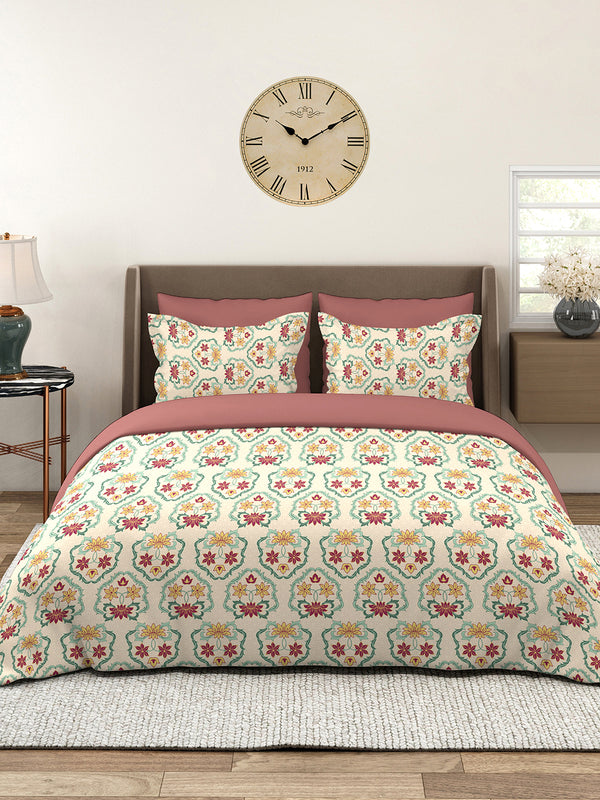 BasicX 100% Cotton 120 TC Beige Floral Double Size Bedsheet with 2 Pillow Covers