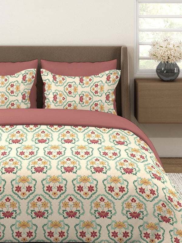 BasicX 100% Cotton 120 TC Beige Floral Double Size Bedsheet with 2 Pillow Covers
