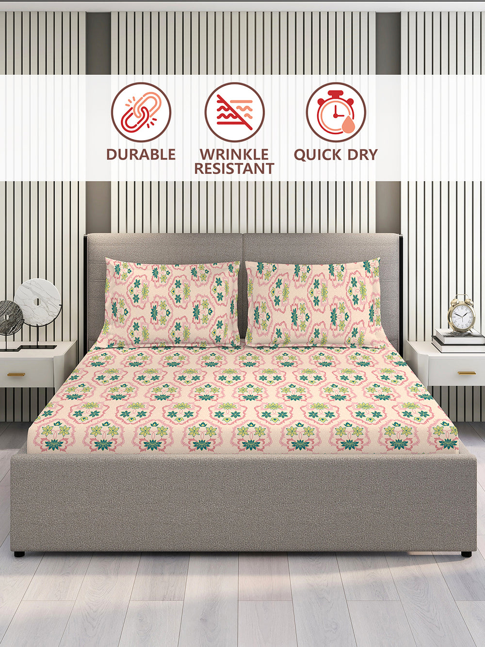 BasicX 100% Cotton 120 TC Pink Floral Double Size Bedsheet with 2 Pillow Covers