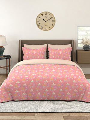 BasicX 100% Cotton 120 TC Pink Floral 1 Double Size Bedsheet with 2 Pillow Covers