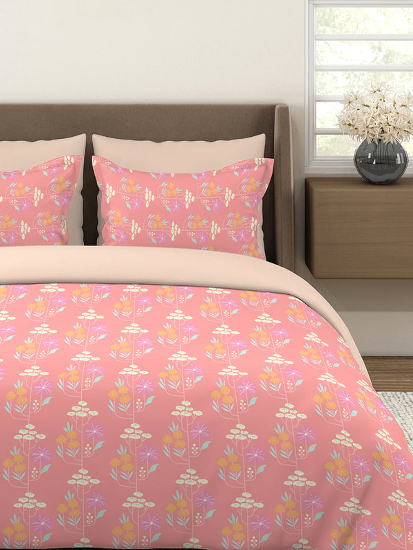 BasicX 100% Cotton 120 TC Pink Floral 1 Double Size Bedsheet with 2 Pillow Covers