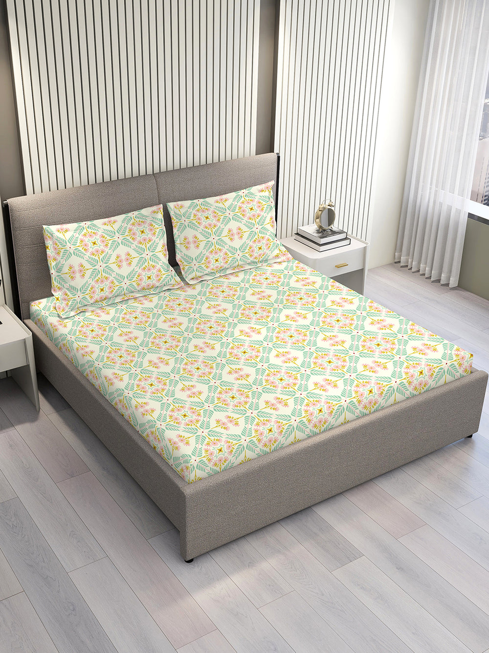 Basicx 100% Cotton 120 TC Multicolor Floral Double Size Bedsheet with 2 Pillow Covers