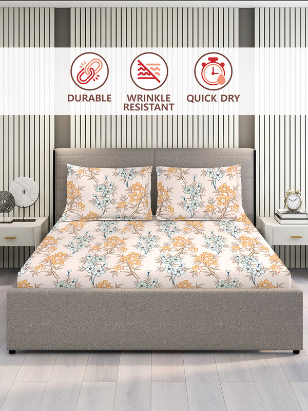 BasicX 100% Cotton 120 TC Beige Floral Double Size Bedsheet with 2 Pillow Covers
