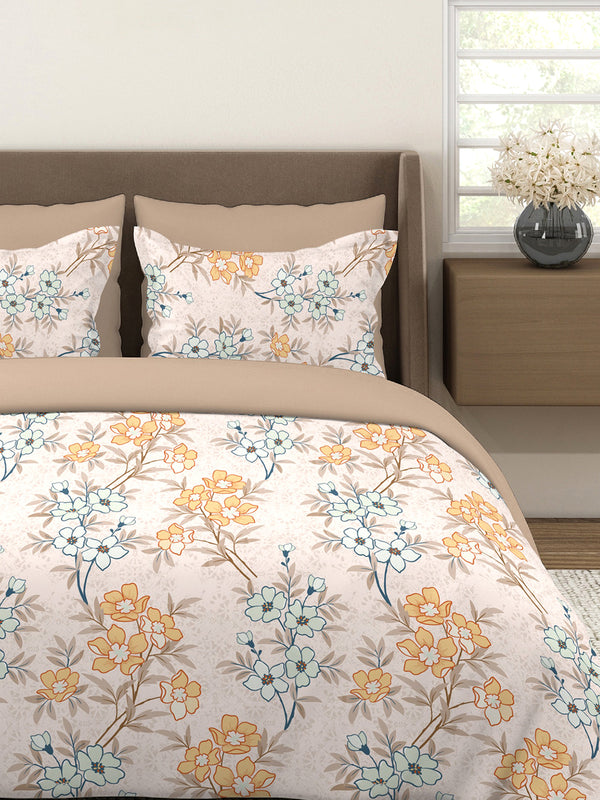BasicX 100% Cotton 120 TC Beige Floral Double Size Bedsheet with 2 Pillow Covers