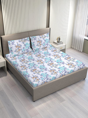 BasicX 100% Cotton 120 TC Blue Floral Double Size Bedsheet with 2 Pillow Covers