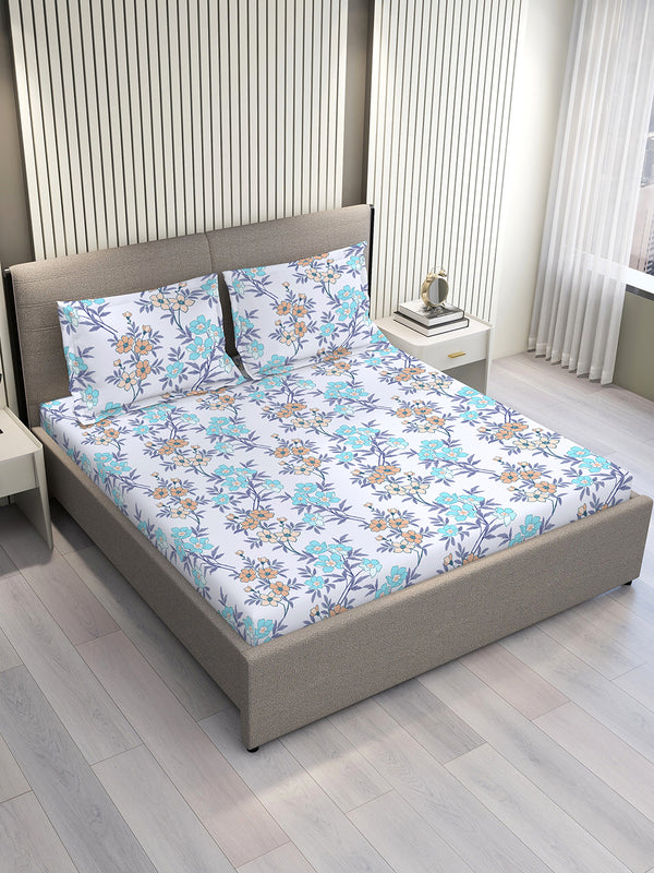 BasicX 100% Cotton 120 TC Blue Floral Double Size Bedsheet with 2 Pillow Covers